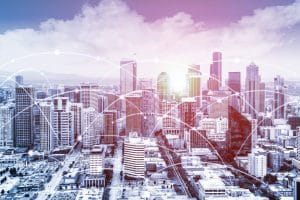 Seattle city skyline with arc representing how businesses and customers are connected through digital channels