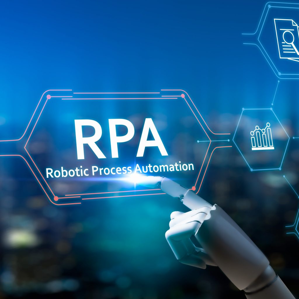 RPA (Robotic Process Automation system),Artificial intelligence , Robot finger,robo advisor ,Big data and business concept.Robot finger on blurred background using digital RPA interface. RPA (Robotic Process Automation) Robot finger on blurred background using digital RPA interface.