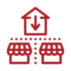 Red icon of a small house and two storefronts representing growth opportunities