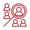 Red icon with outlines of five people and a magnifying glass representing customer insights