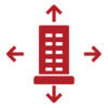 Red icon of a building with arrows around it representing growth opportunities