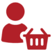 Red icon with a person and a shopping basket representing a customer