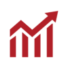 Red icon of a bar graph with an arrow showing growth representing market dynamics