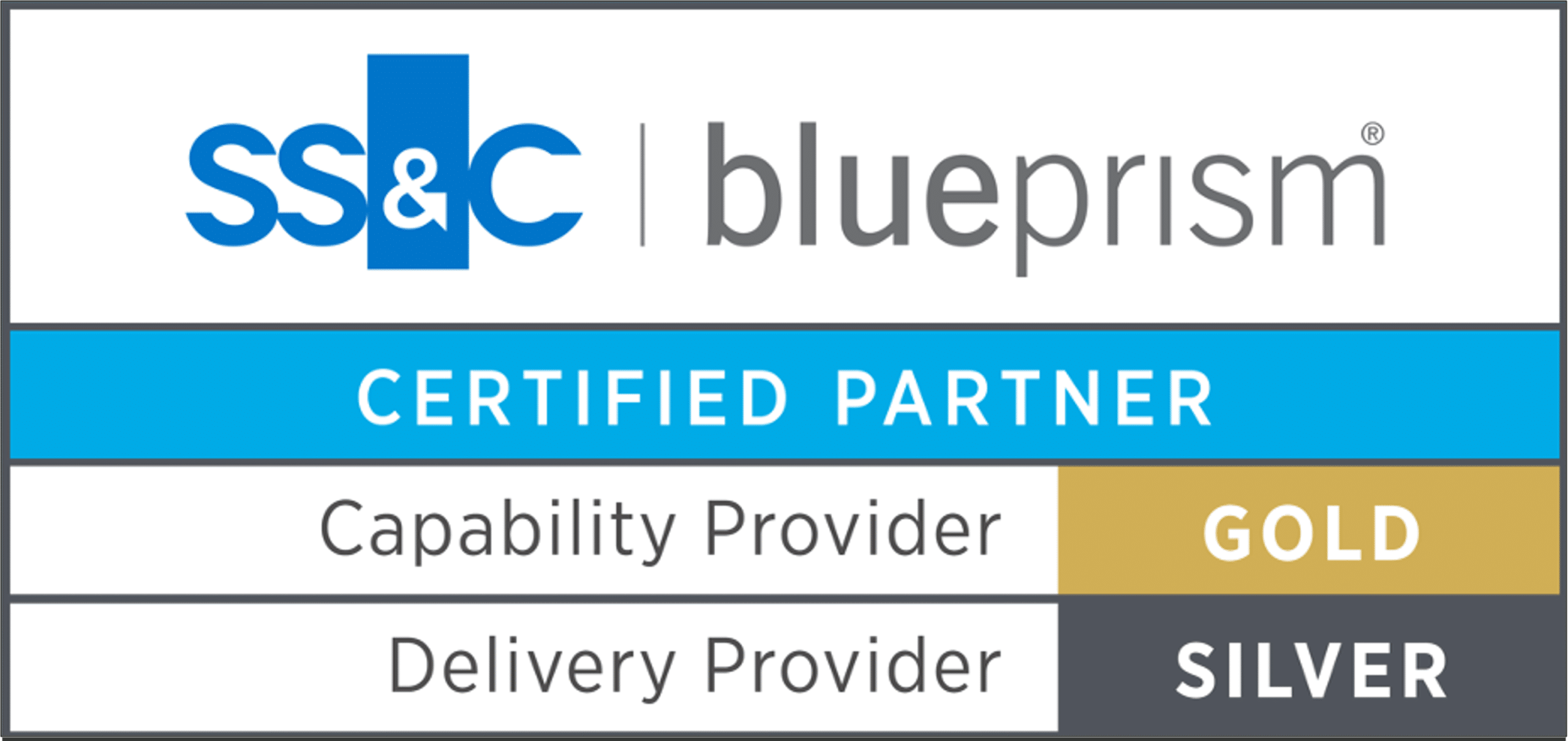 Blue Prism Certified Partner Logo Gold Capability and Silver Delivery Provider