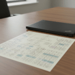 A complex organizational chart on a desk with a black laptop