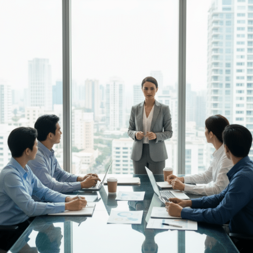 A woman in a suit talking to colleagues sitting a boardroom table