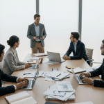 A group of management consultants in a boardroom meeting. There aer papers and laptop on the table.