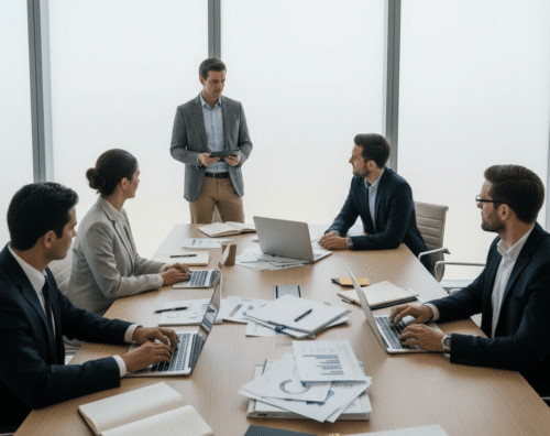A group of management consultants in a boardroom meeting. There aer papers and laptop on the table.